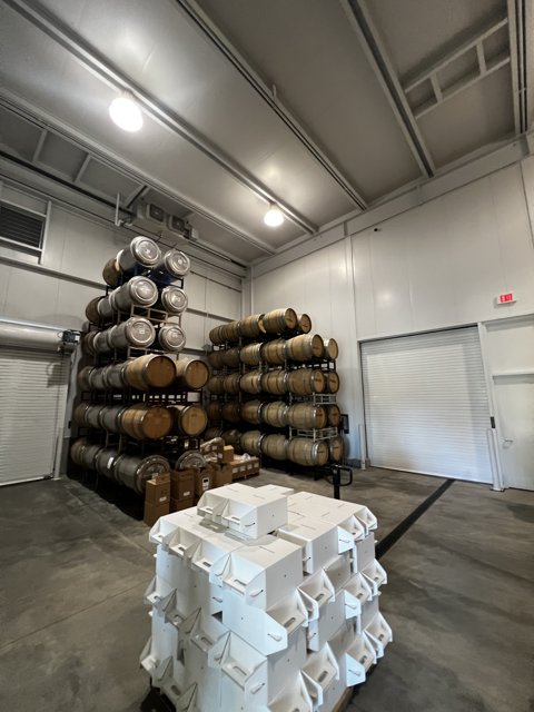 Warehouse stocked with barrels and boxes in Napa Valley