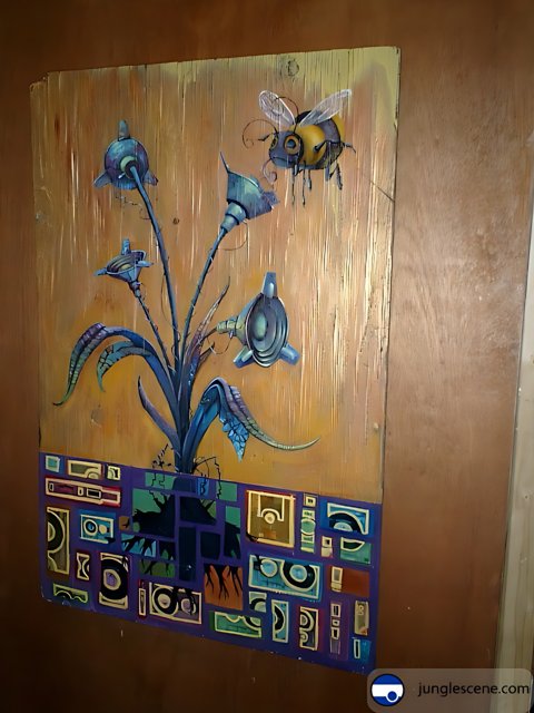 Bee and Flowers on Wooden Wall
