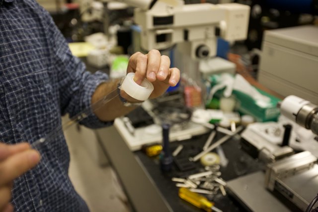 Scientist holding white object in laboratory