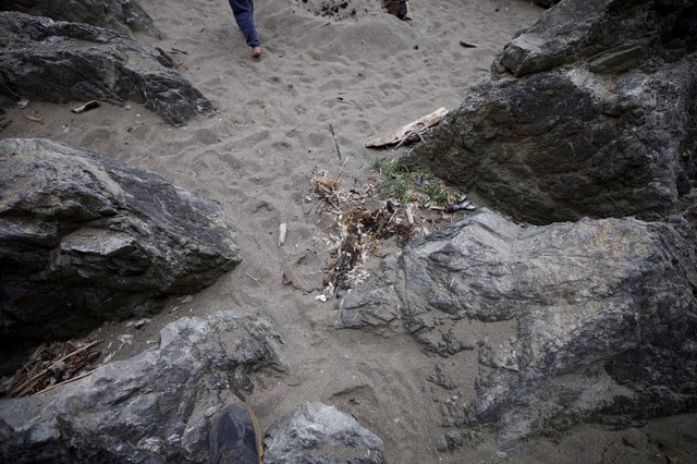 Debris Scattered Between Rocky Beach Outcroppings