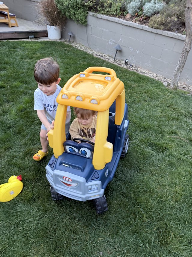 Brothers Playing with Yellow Toy Car in Backyard