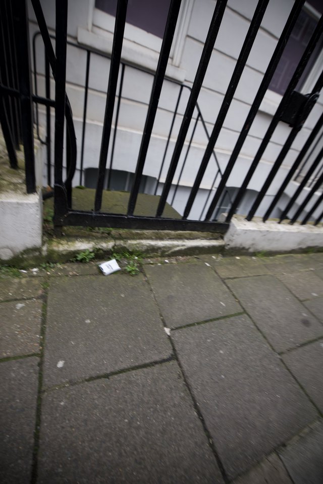 Urban Gateway: Black Railings on Stone Pavement
