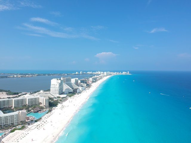 Aerial View of Cancun Beach and Cityscape