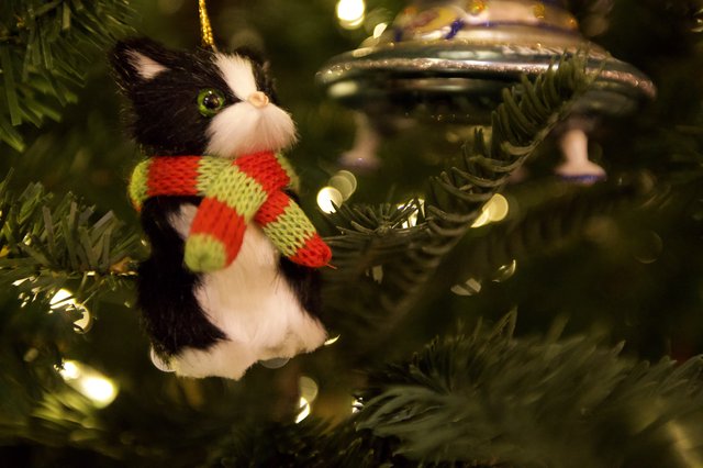 Black and White Cat Christmas Ornament with Festive Scarf