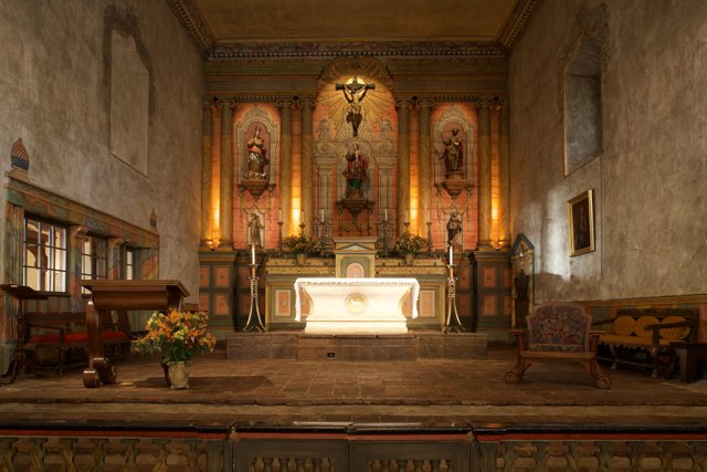Church Altar and Wooden Pews