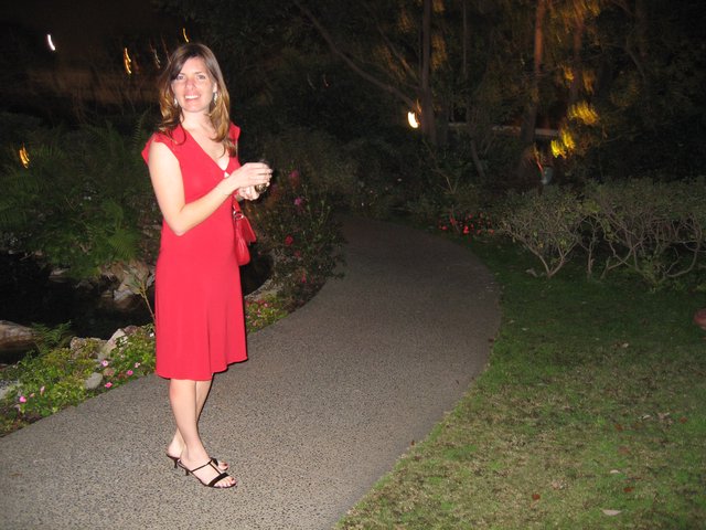 Woman in Red Dress on Garden Pathway at Night
