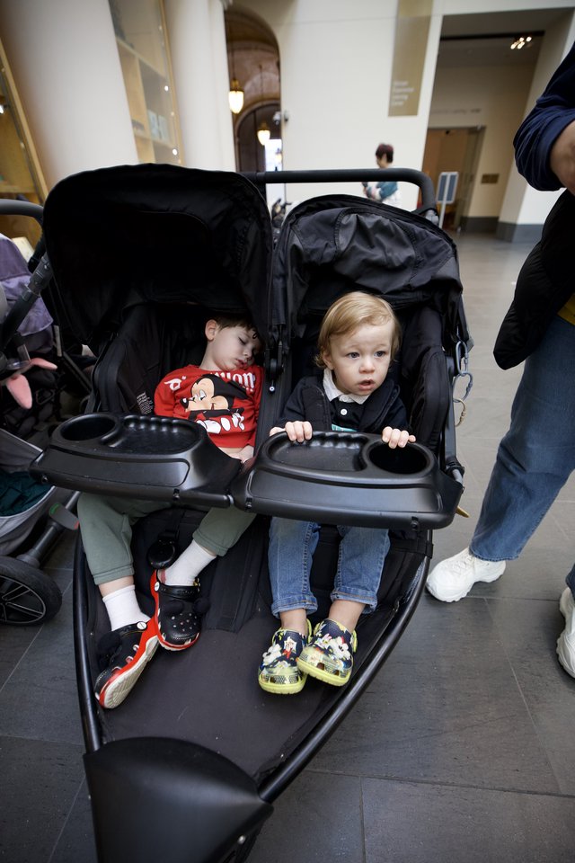 Two Toddlers in Double Stroller at Museum Visit