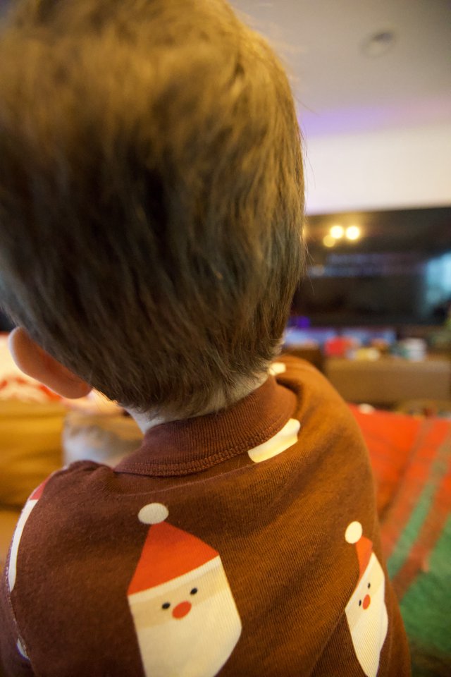 Toddler in Festive Christmas Sweater from Behind
