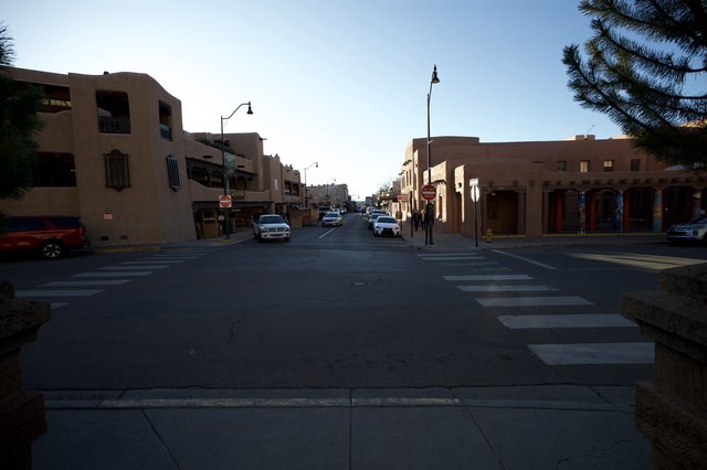 Historic Adobe Architecture Along Santa Fe Street at Dusk