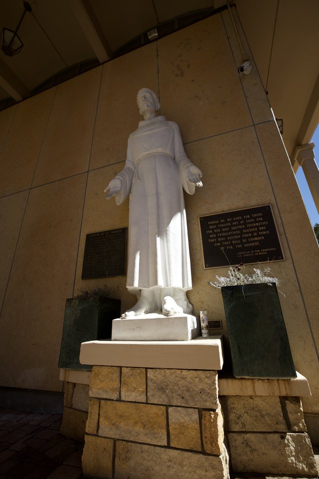 White Marble Statue of St. Francis in Stone Alcove