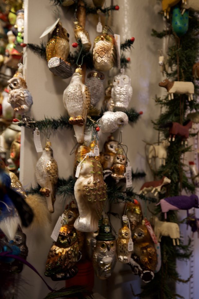 Ornate Bird Christmas Ornament Display at Holiday Shop