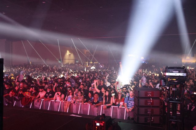 Massive Indoor Festival Crowd Bathed in Stage Lights
