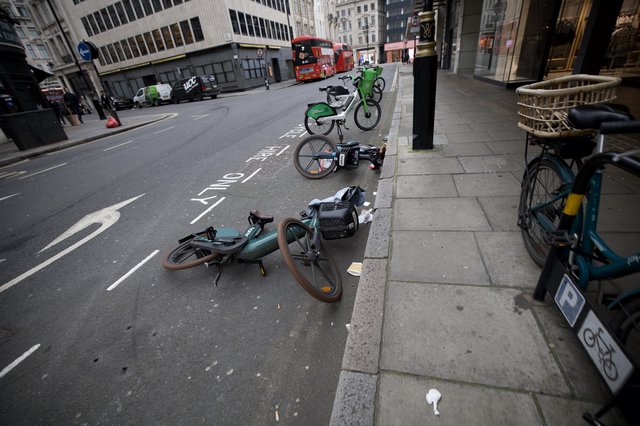 Abandoned Rental Bikes Blocking London Cycle Lane