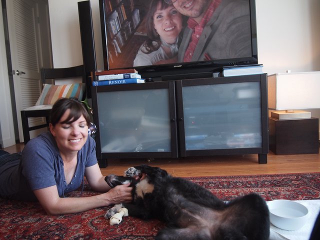 Woman Playing with Dog on Living Room Floor