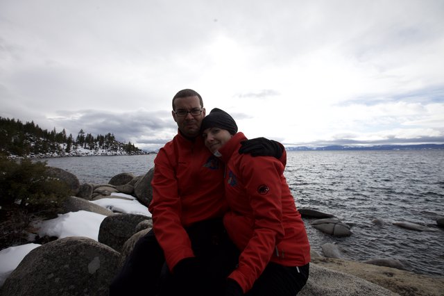 Couple Embracing at Lake Tahoe in Winter