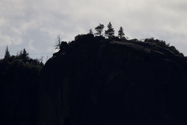 Silhouetted Rocky Outcrop with Pine Trees at Dusk
