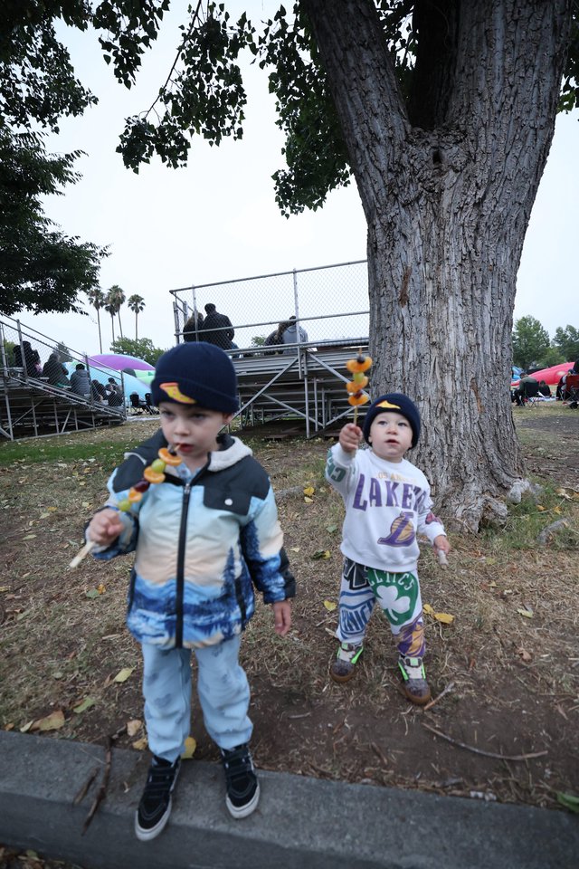 Two Toddlers Enjoying Fruit Skewers at Balloon Festival