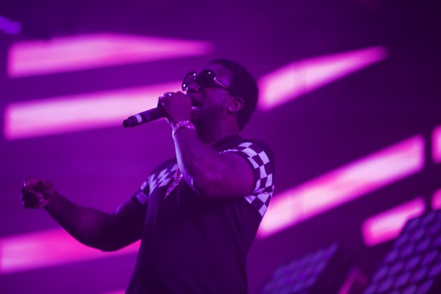 Rocking the Crowd Caption: An entertainer in sunglasses and a black shirt electrifies the audience with his solo performance at Coachella 2017.