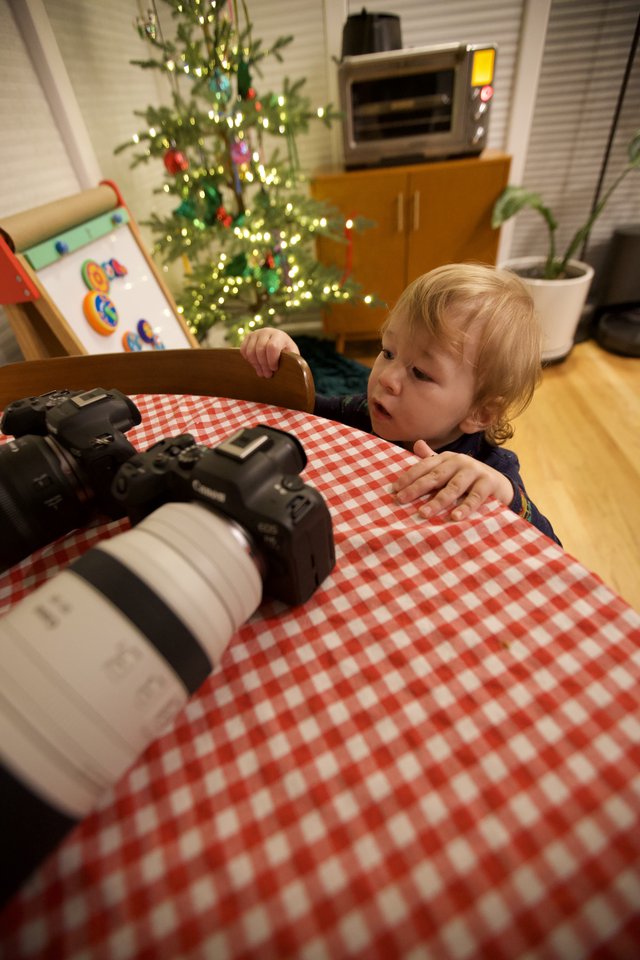 Toddler's Curious Christmas Morning with Camera Equipment