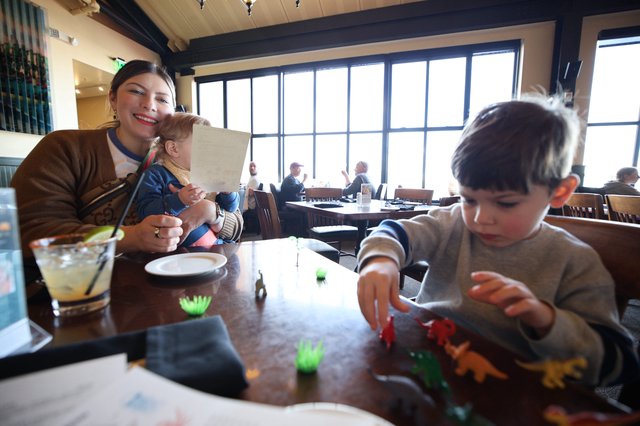 Family Meal with Toy Dinosaurs at Restaurant