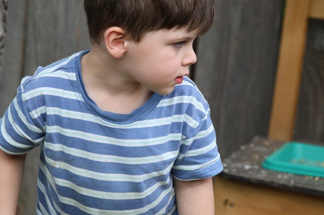 Young Boy in Striped Shirt Observing Outdoors