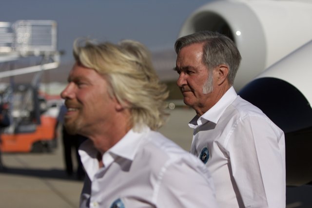 Richard Branson and Burt Rutan Pose with White Knight Two Airplane