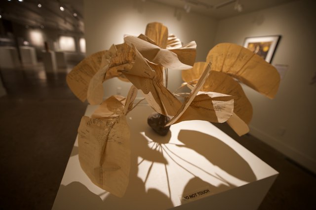 Abstract Wooden Sculpture with Dynamic Shadow Play in Museum Gallery