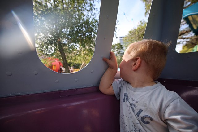 Child Gazing Through Playground Structure Window