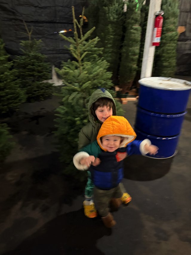 Two Children at Christmas Tree Lot Selection