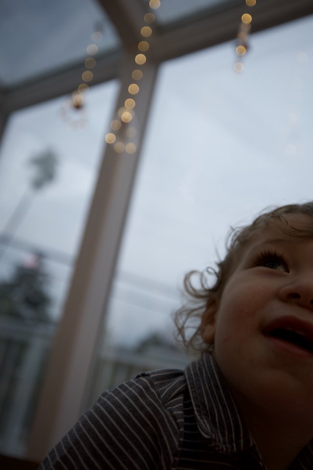 Child's Wonder: Looking Up at Holiday Lights