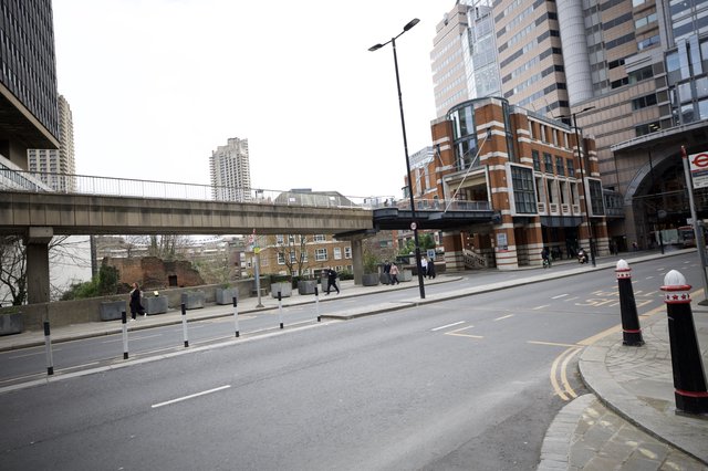 Urban London Street Scene with Elevated Walkway