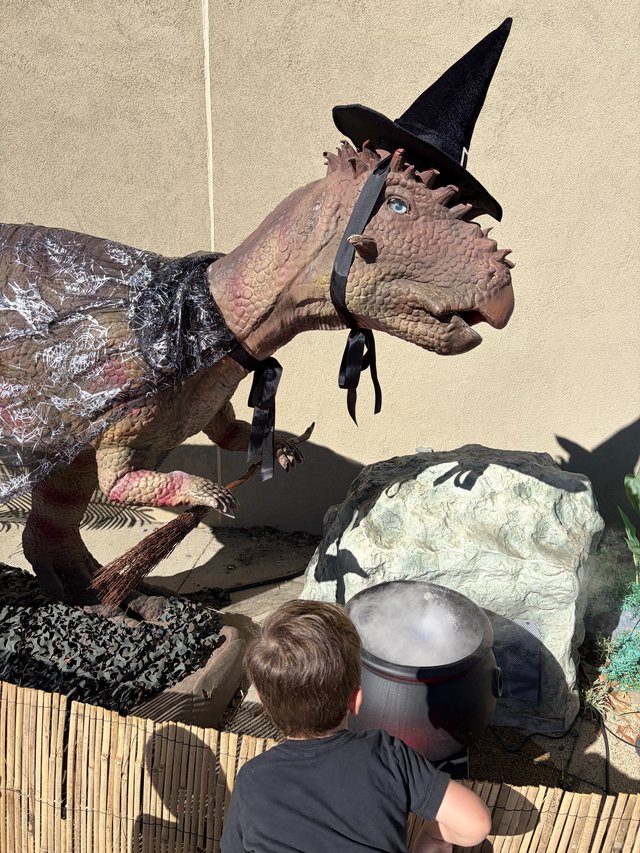 Child Encounters Life-Size Witch Dinosaur Halloween Display