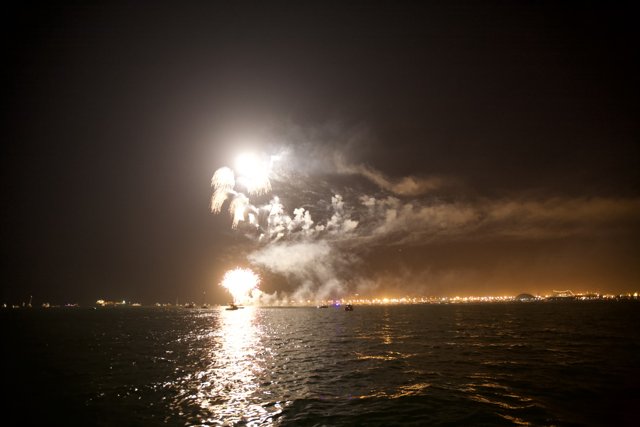 Spectacular Fireworks Display over the Ocean at Night
