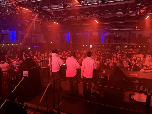 Electronic Music Concert Performance with Dramatic Red Stage Lighting