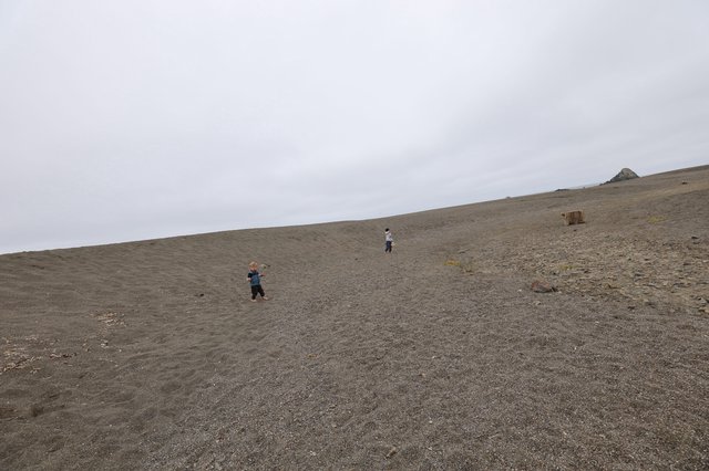 Children Exploring a Vast Dark Sand Dune