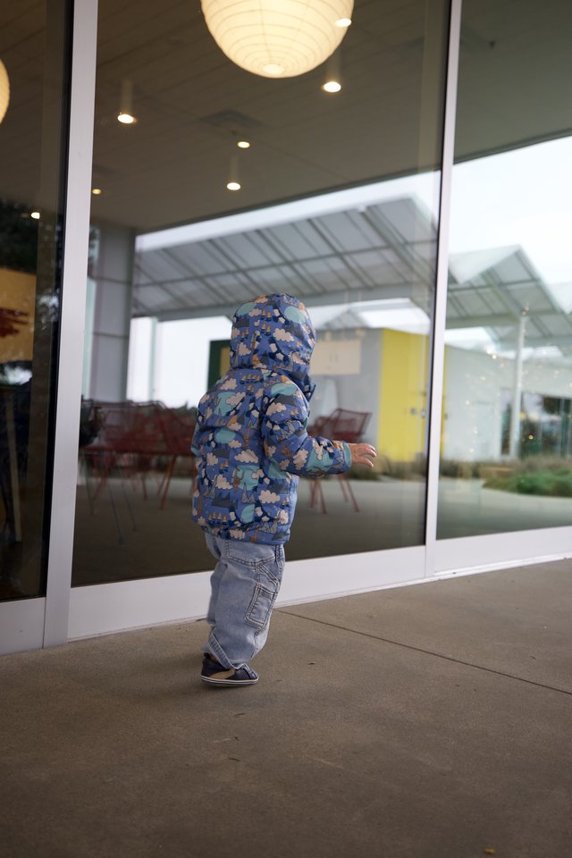 Toddler in Floral Jacket Peering Through Glass Door