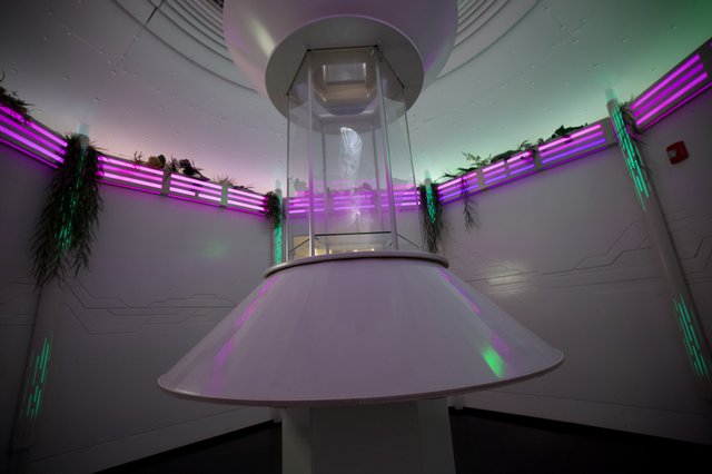 Futuristic UFO Installation with Neon Lighting and Plants