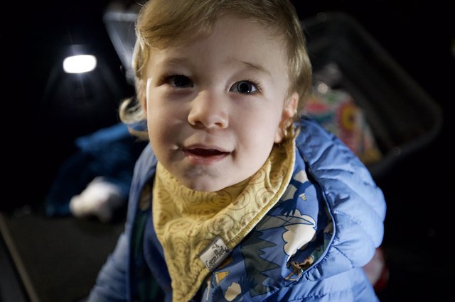 Joyful Toddler in Blue Dinosaur Jacket Smiling at Camera