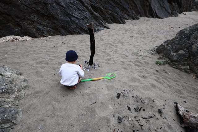 Young Child Explores Rocky Beach with Toy Shovel