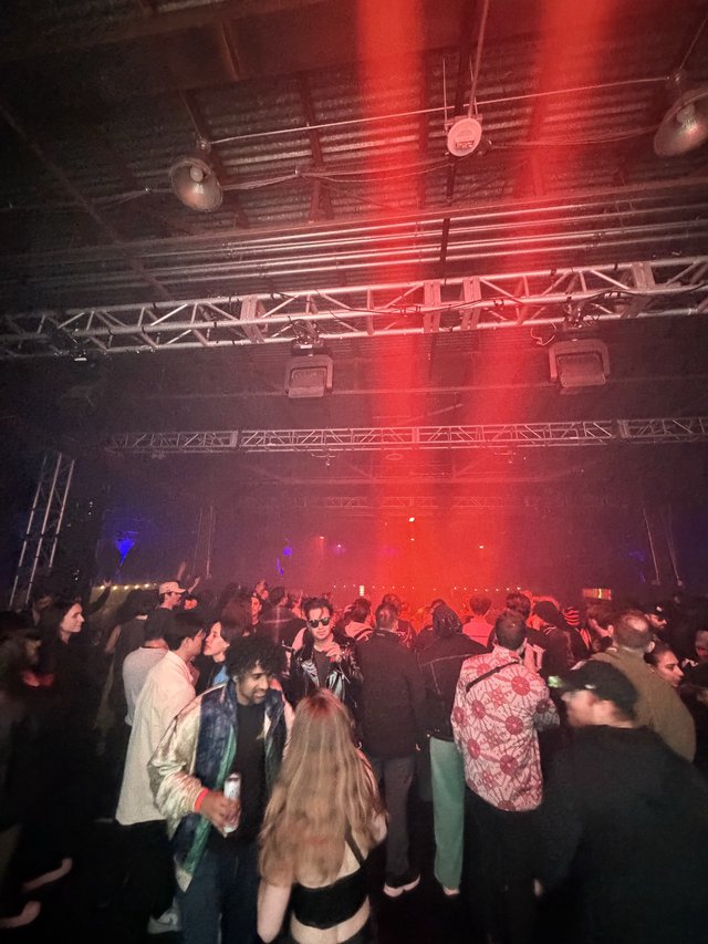 Red-Lit Crowd at Electronic Music Nightclub Event