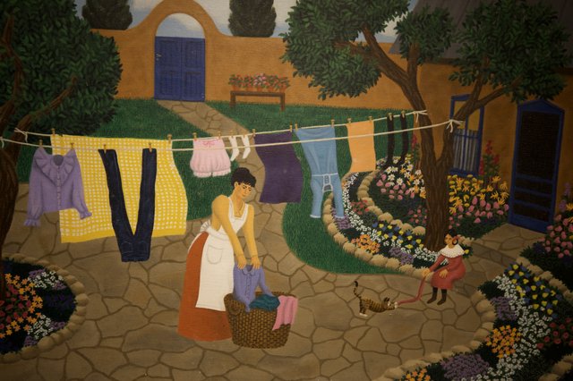 Domestic Scene with Laundry - Folk Art Tapestry