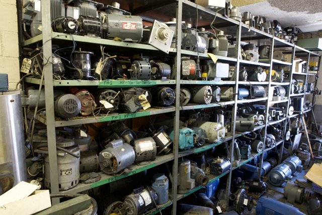 Vintage machine collection in an industrial warehouse