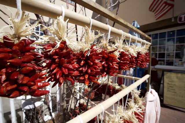 Dried Red Chile Ristras Hanging on Southwestern Porch