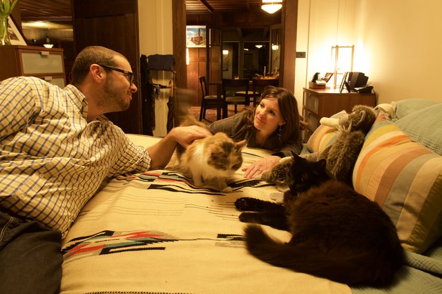 Couple Relaxing on Bed with Three Cats