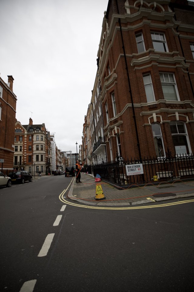 Rainy Day Street Corner on Bulstrode Street, London