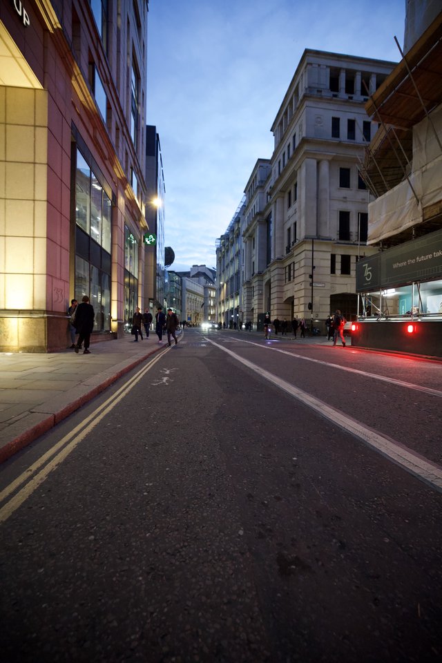 Twilight Rush Hour on London's Financial District Street