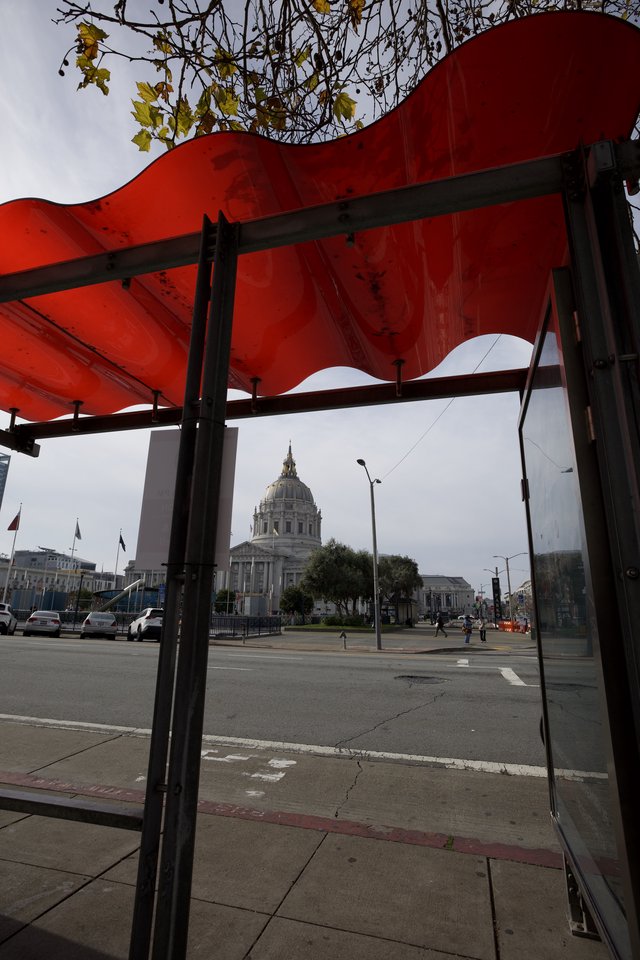 San Francisco City Hall Framed by Red Bus Shelter