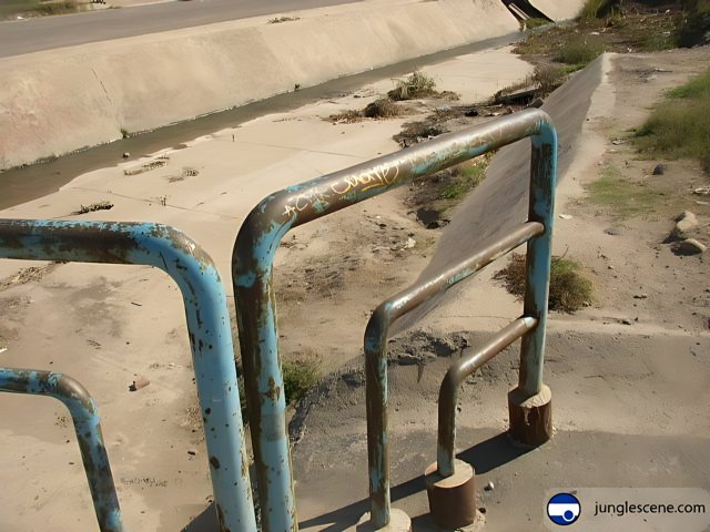 A Blue Metal Handrail Along the River
