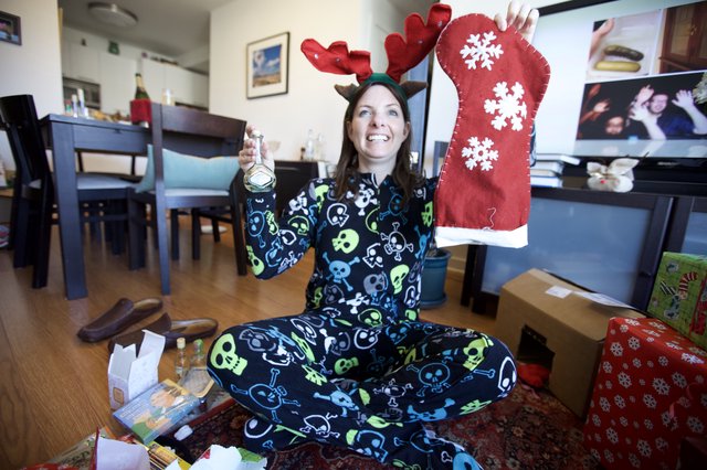 Joyful Christmas Morning with Skull Pajamas and Stocking