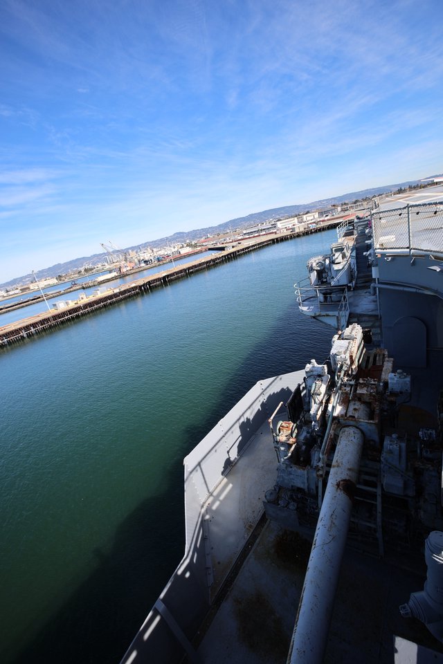 Naval Vessel Deck View at Port Waterway
